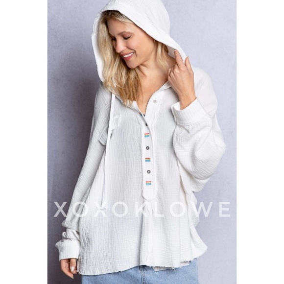 POL Tops - POL Off White Cotton Half Button Long Sleeve Hoodie Top Oversized